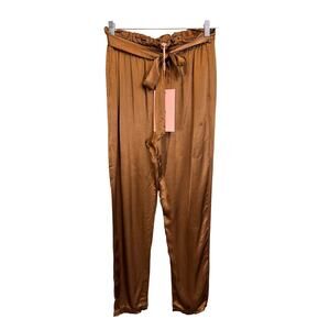 Scandal Paperbag Trouser Pants 29 Brown Satin Belted Tapered High Rise ITALY NWT